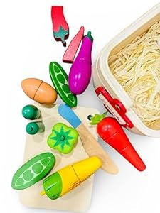 Wudly - Wooden Pretend Cutting Vegetable Set with Wood Knife & Storage Basket Montessori Early Education Play Food Games Kitchen Accessories Set Toys for 3+ Years old Girls & Boys, Child Safe Certified, Multi colors