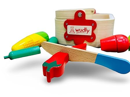 Wudly - Wooden Pretend Cutting Vegetable Set with Wood Knife & Storage Basket Montessori Early Education Play Food Games Kitchen Accessories Set Toys for 3+ Years old Girls & Boys, Child Safe Certified, Multi colors