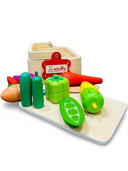 Wudly - Wooden Pretend Cutting Vegetable Set with Wood Knife & Storage Basket Montessori Early Education Play Food Games Kitchen Accessories Set Toys for 3+ Years old Girls & Boys, Child Safe Certified, Multi colors