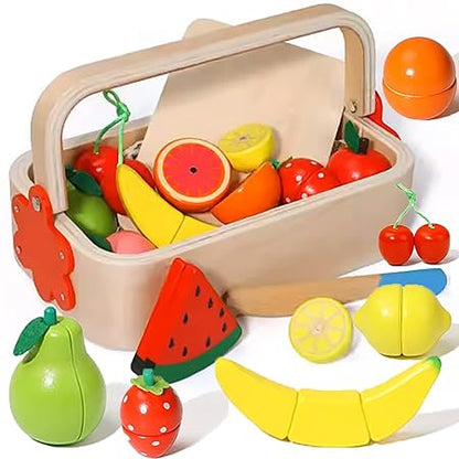 Wudly - Wooden Pretend Cutting Fruit Set with Wood Knife & Storage Basket Montessori Early Education Play Food Games Kitchen Accessories Set Toys for 3+ Years old Girls & Boys, Child Safe Certified, Multi colors