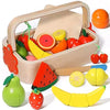 Wudly - Wooden Pretend Cutting Fruit Set with Wood Knife & Storage Basket Montessori Early Education Play Food Games Kitchen Accessories Set Toys for 3+ Years old Girls & Boys, Child Safe Certified, Multi colors