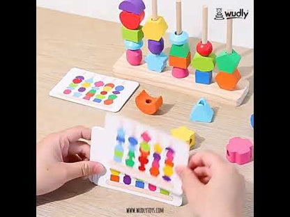 Wudly - 5 Pilar Sorter with Lacing Beads Toy Set, Colorful Wooden Montessori Bead Toy Sorting and Stacking Blocks Educational Threading Toys for 3+ Years Kids, Child Safe Certified, 25 Beads, 2 lace, 8 cards with 16 different pattern