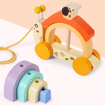 Wudly - Wooden Snail tractor, Pull along toy, Rainbow stacker, Color Blocks, Round Pull toy, toddler activity for 1+ Years kids, Child Safe Certified, Multi Colors